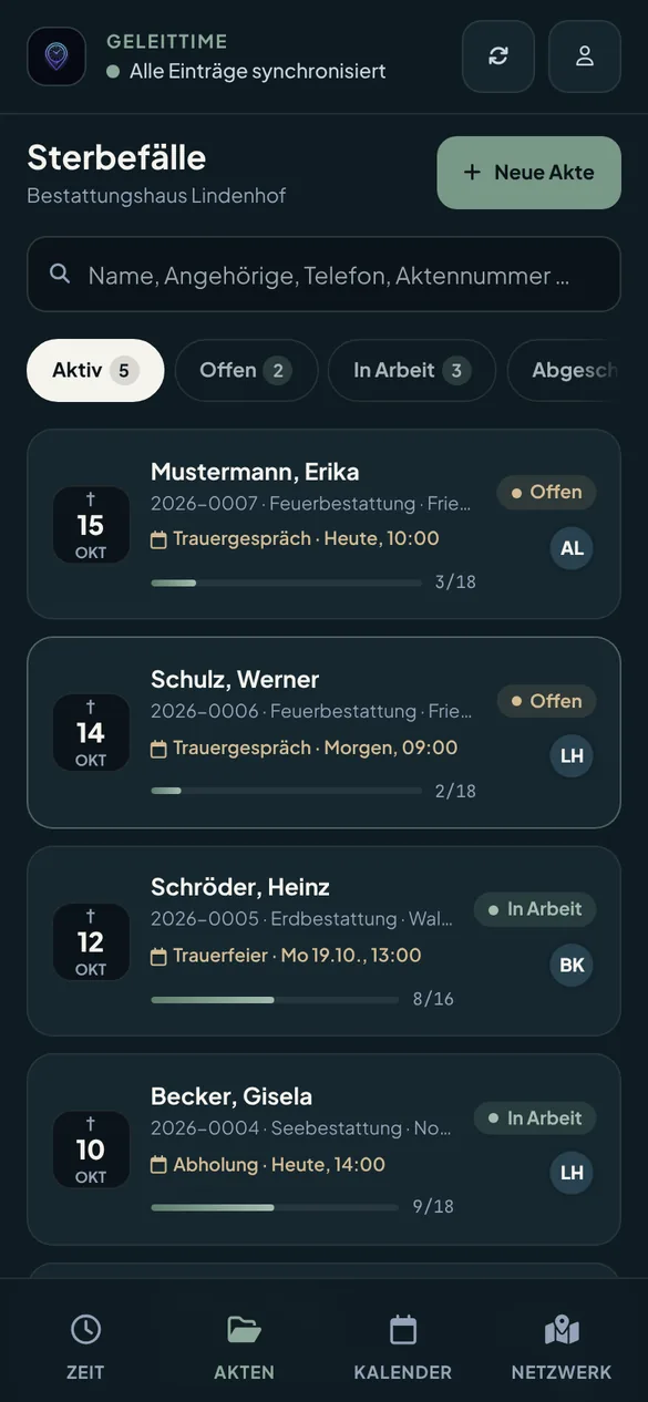 Liste der Sterbefälle mit Status, nächstem Termin und Fortschritt