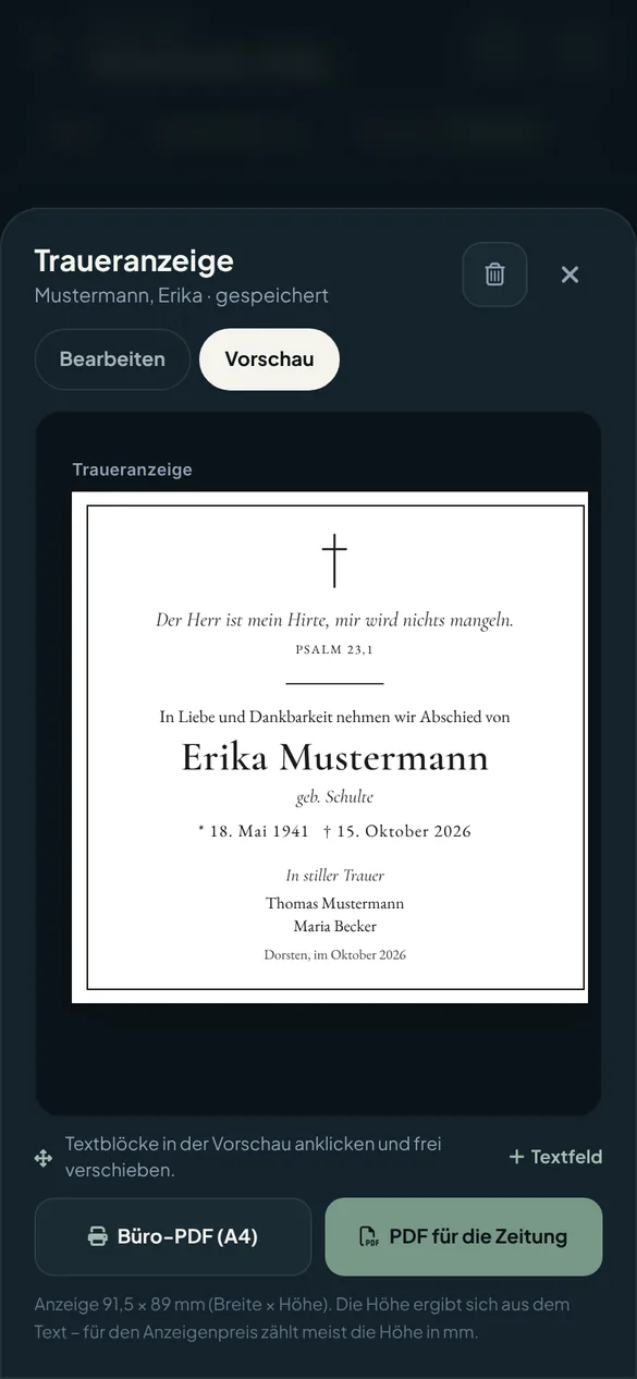 Vorschau einer Traueranzeige am Handy