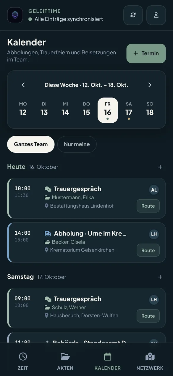 Team-Kalender mit Trauergespräch, Abholung und Behördentermin