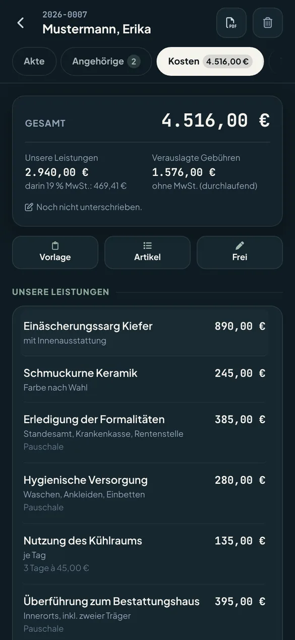 Kostenvoranschlag in der Akte am Handy