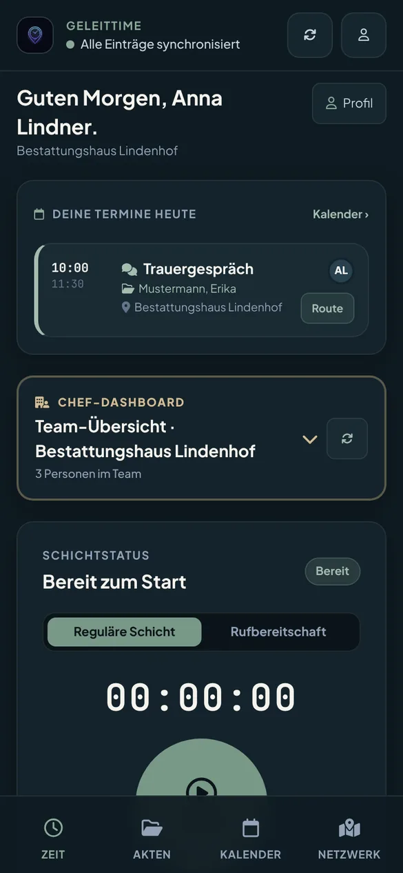 Zeiterfassung mit Terminen des Tages und Stempeluhr