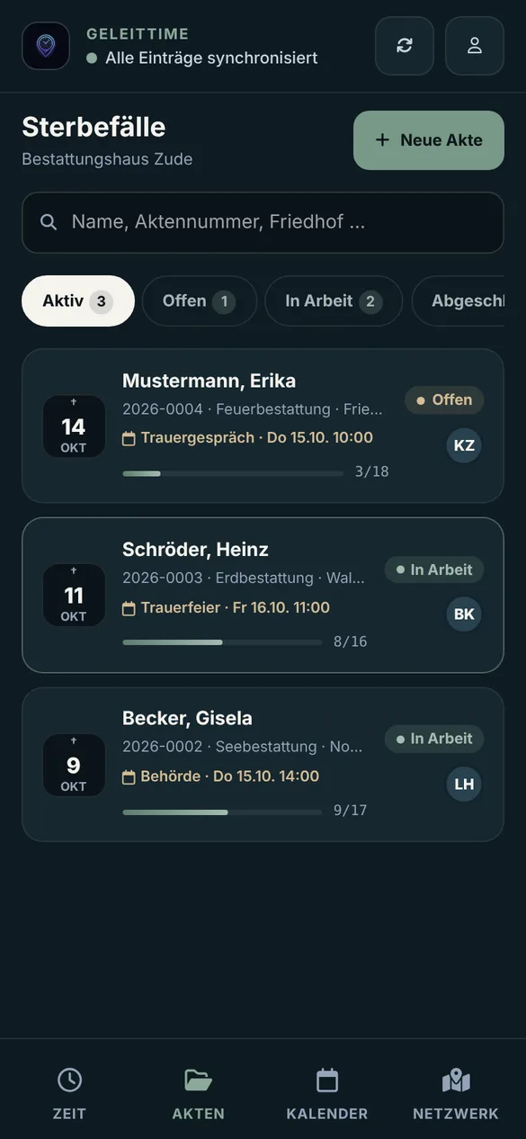 Liste der Sterbefälle mit Status, nächstem Termin und Fortschritt