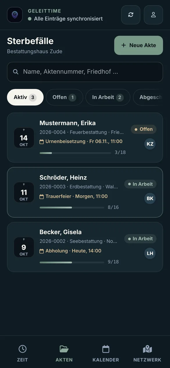 Liste der Sterbefälle mit Status, nächstem Termin und Fortschritt