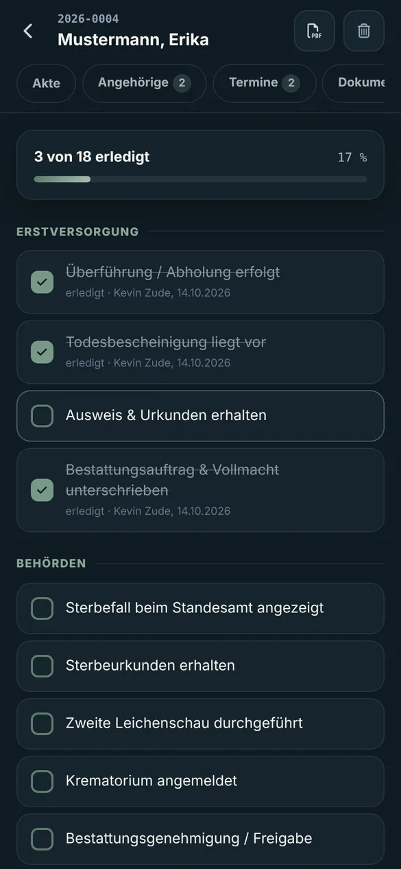 Checkliste einer Sterbefall-Akte mit erledigten Punkten