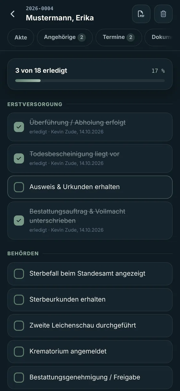 Checkliste einer Sterbefall-Akte mit erledigten Punkten