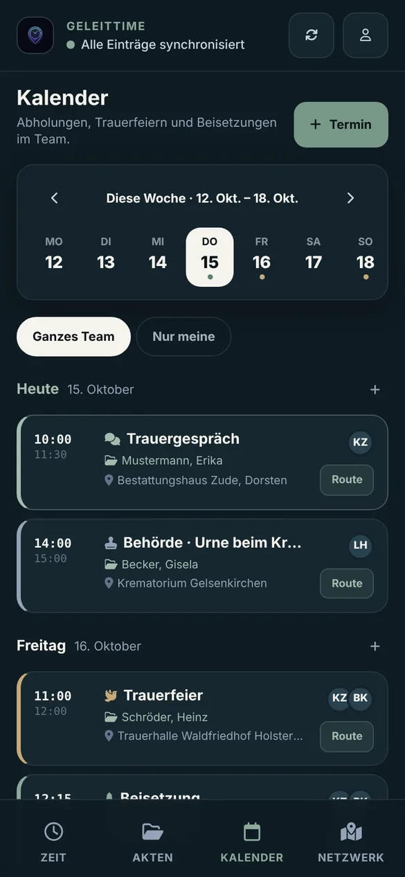 Team-Kalender mit Trauergespräch, Trauerfeier und Beisetzung
