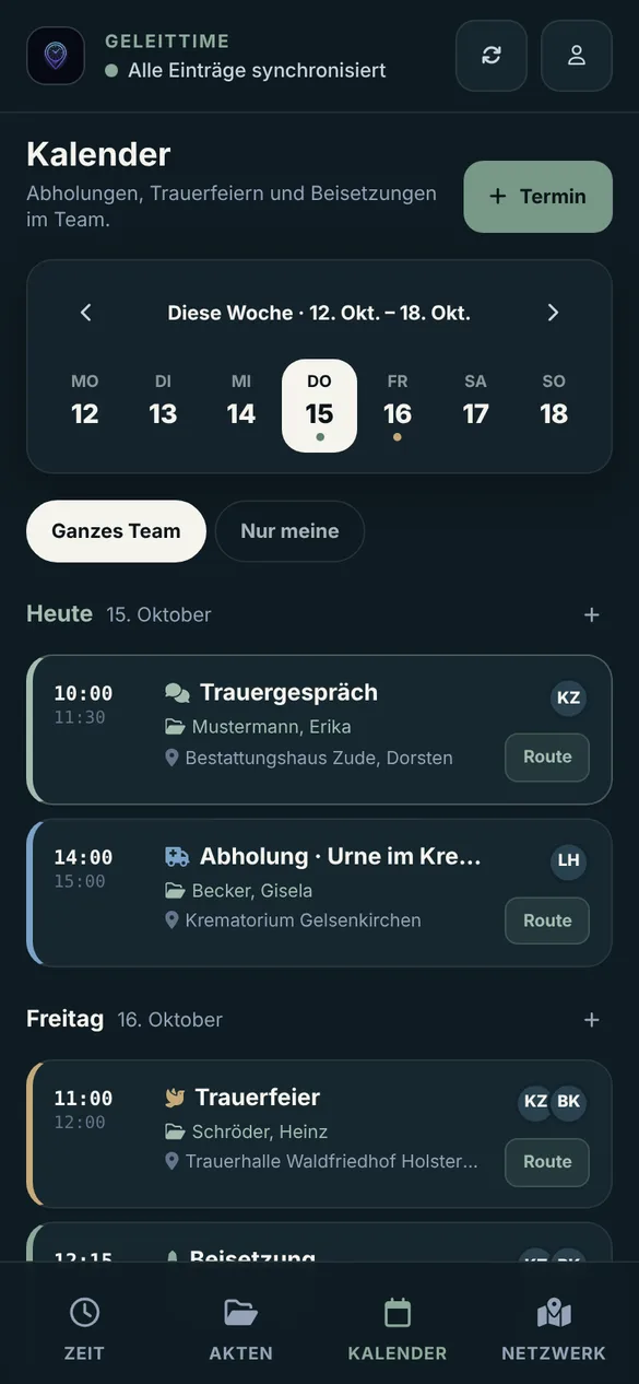 Team-Kalender mit Trauergespräch, Trauerfeier und Beisetzung