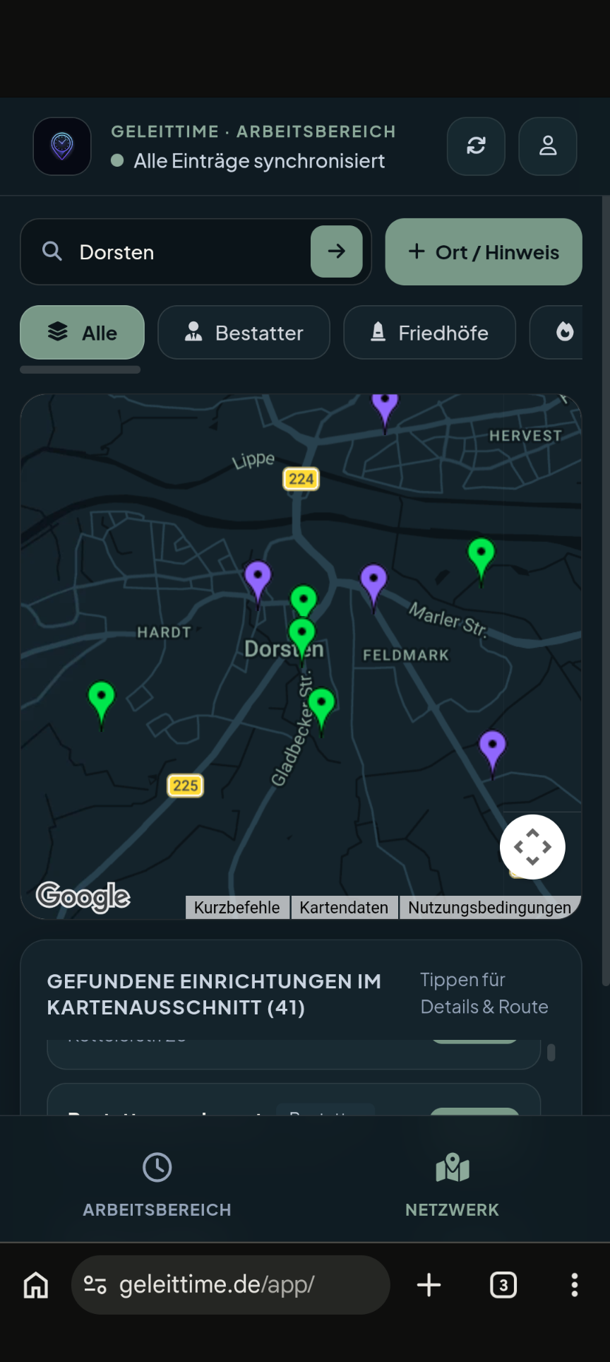 Karte mit Kliniken, Friedhöfen und Zufahrtshinweisen