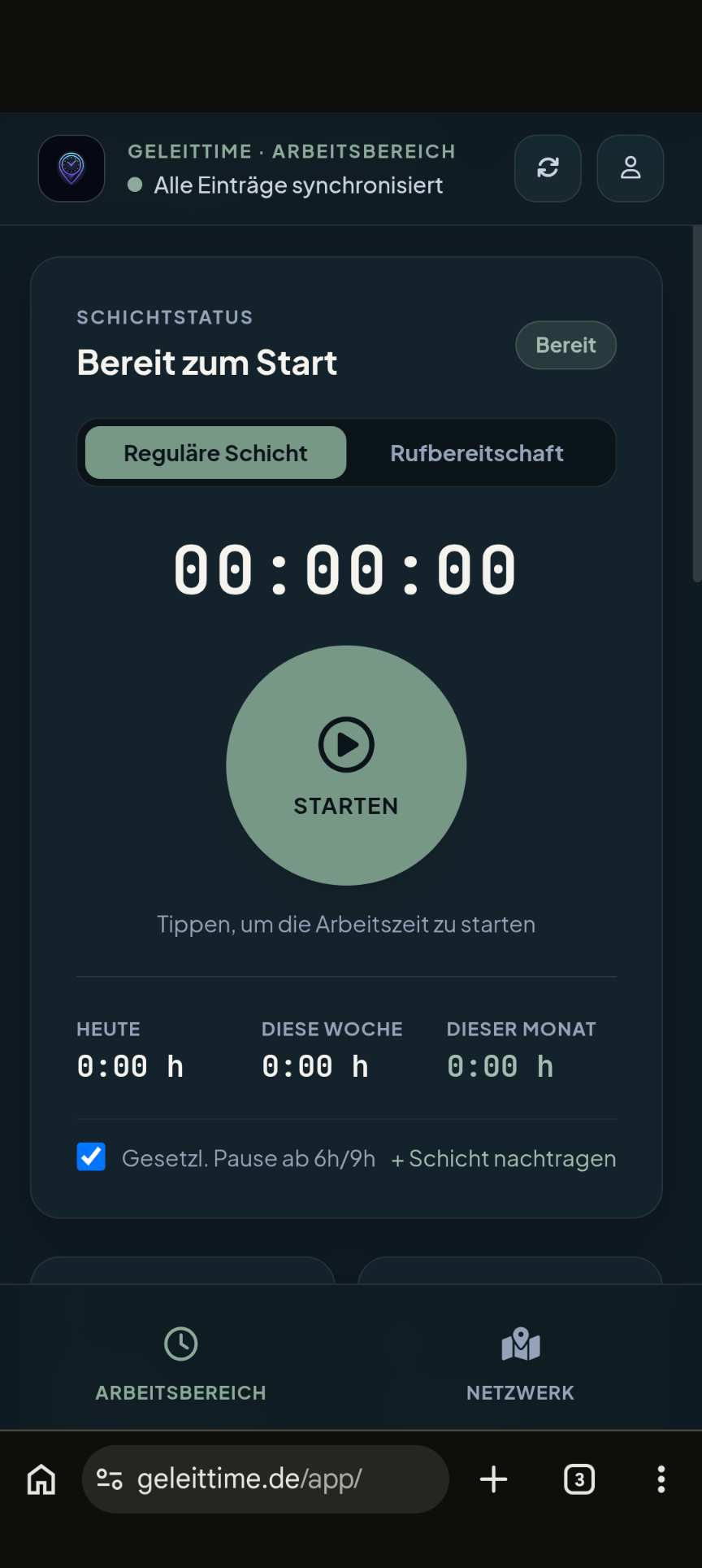 Zeiterfassung mit Start-Button und Tagesübersicht