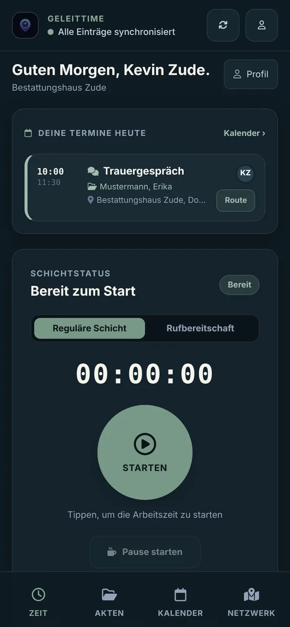 Zeiterfassung mit heutigen Terminen und Start-Button